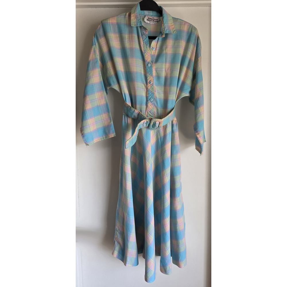 The American Shirt Dress Plaid Collared 3/4 Sleeve Midi Vintage Shirtdress